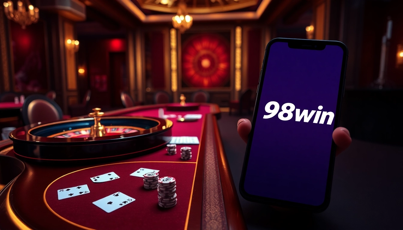 Engaging poker setup showcasing the 98win experience with vibrant cards and casino chips.