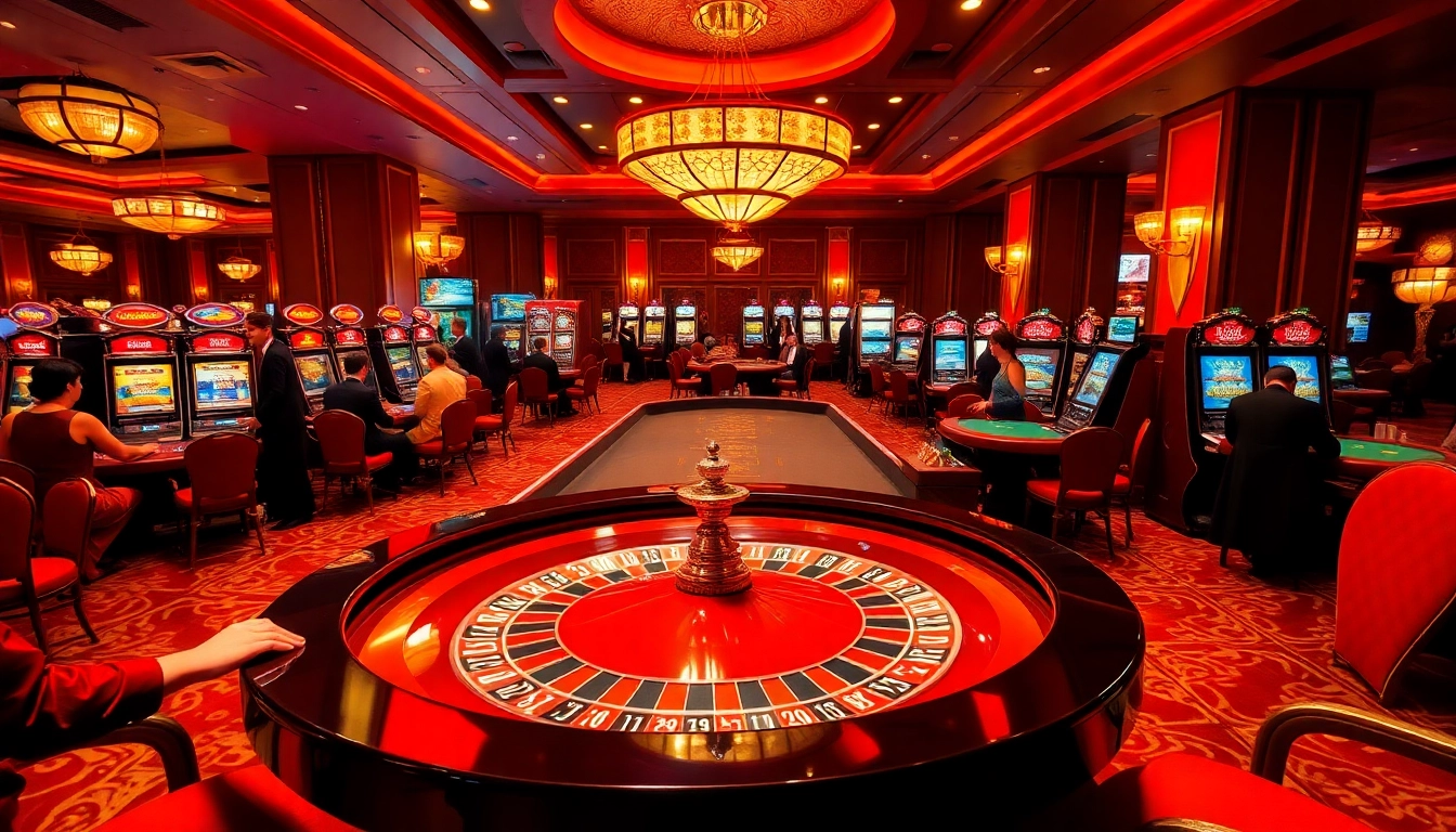 Experience thrilling gaming at 123win vn's luxurious casino, featuring vibrant roulette and lively players.