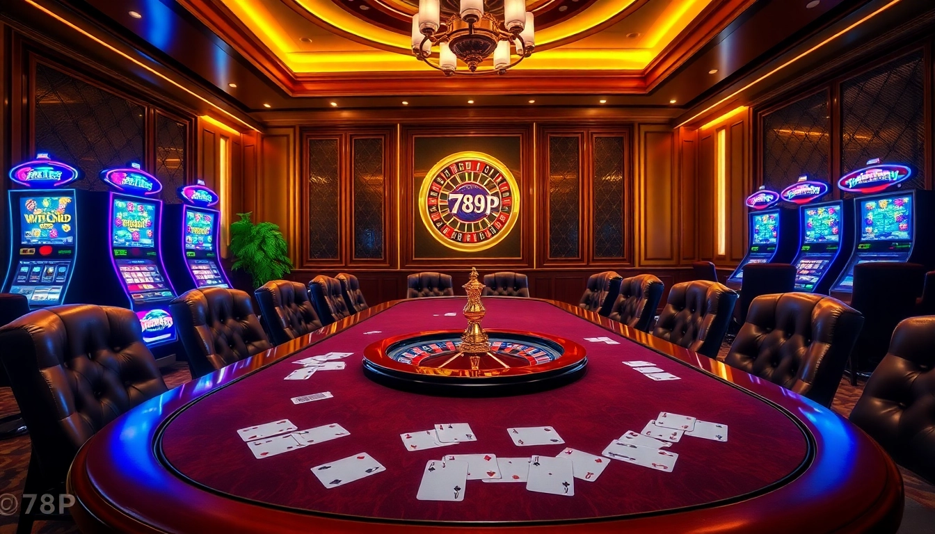 Experience the thrill of winning at the 789P casino with vibrant slot machines and a luxurious poker table.