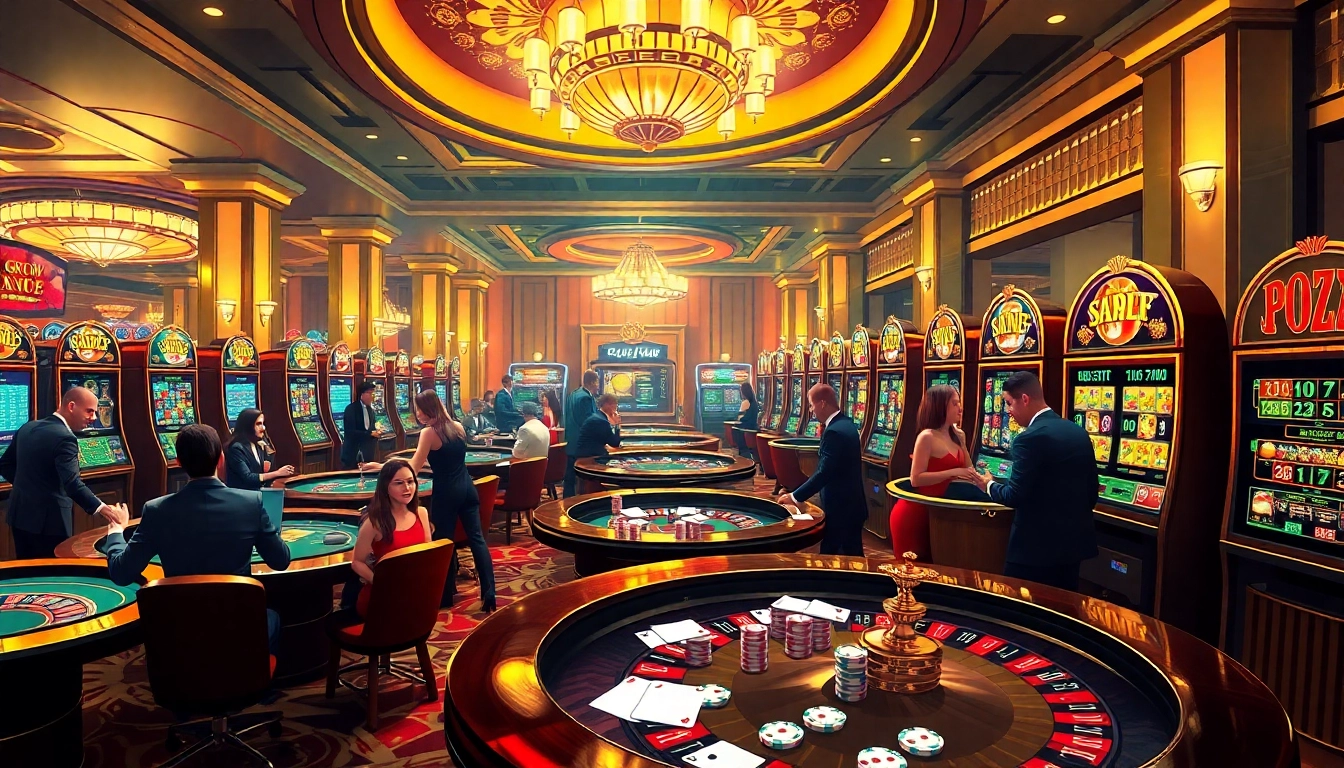 Experience thrilling gambling action at http://luck8f.cn.com/ with vibrant casino scenes showcasing roulette and slot games.
