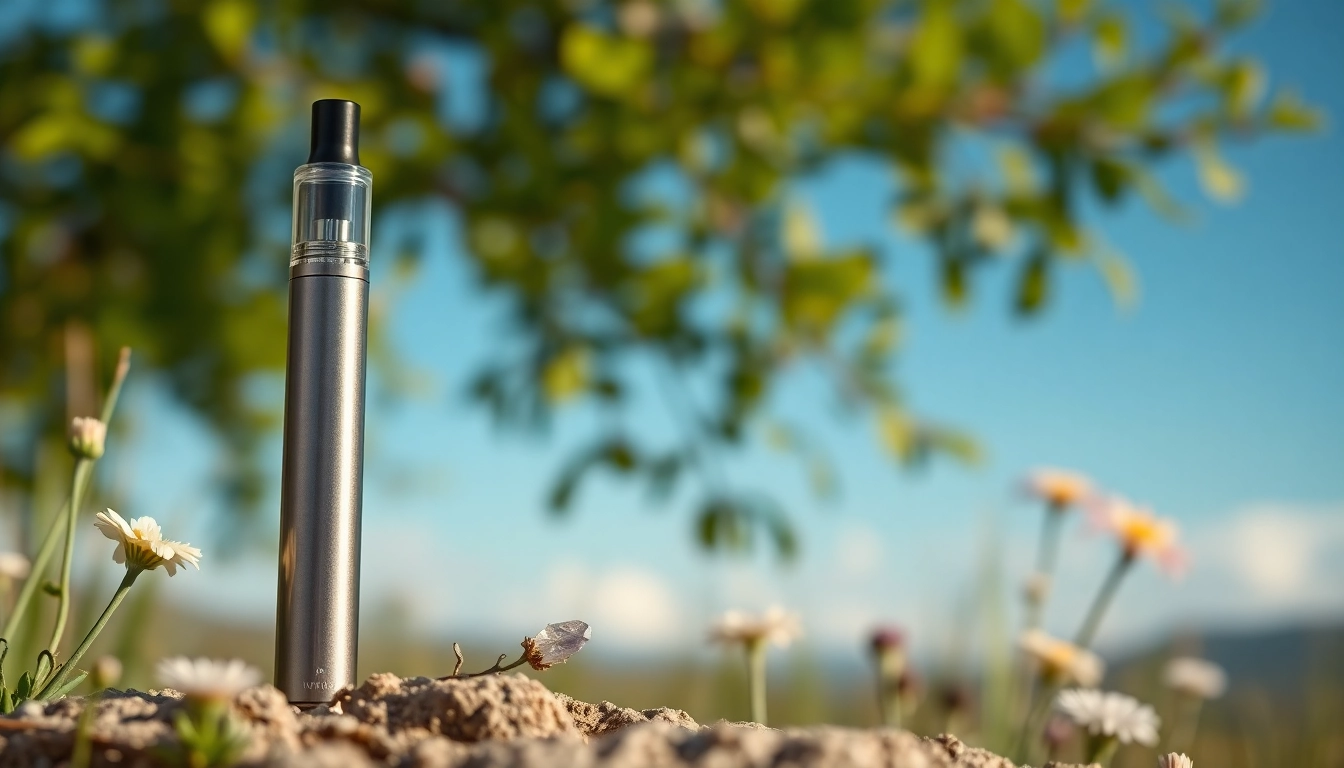 Refined vape pen for users to buy DMT, set against a calming natural backdrop.