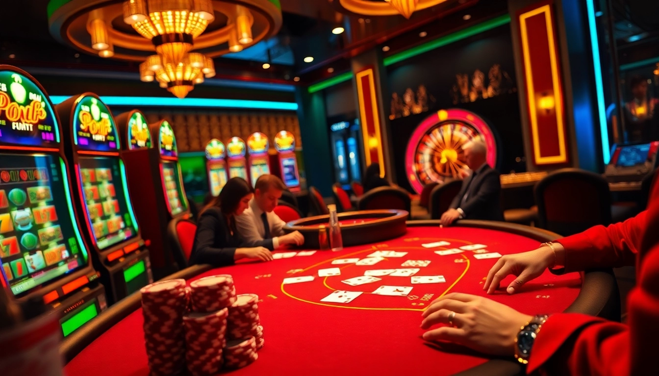 Players enjoying a high-stakes poker game at xo88t3 casino, surrounded by vibrant slot machines.