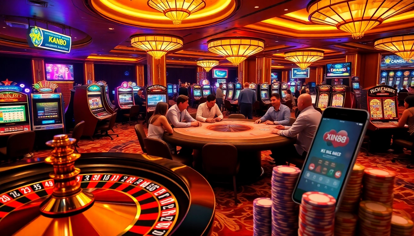 Experience the thrill of xin88 com sòng bạc with lively casino visuals featuring poker tables and slot machines.