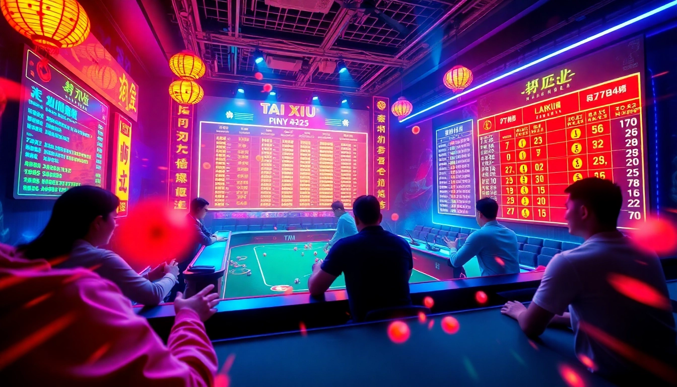 Dynamic tai xiu betting scene with players engaged in fast-paced gameplay and colorful digital interface.