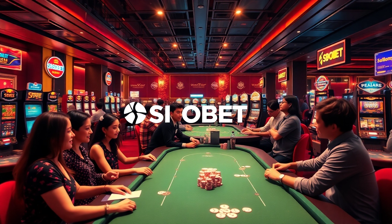 Dynamic casino scene showcasing players at SBOBET.dance enjoying poker and slot games in an exciting atmosphere.